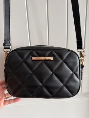 Poppy & Peonies Black Quilted Camera Crossbody with Gold Accent AND Wallet